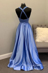 A-Line V Neck Satin Unique Long Semi Formal Prom Dresses Formal Gowns